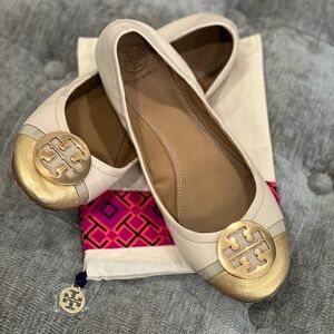 Tory Burch Minnie cap toe ballet flat, gold and cream, size 8
